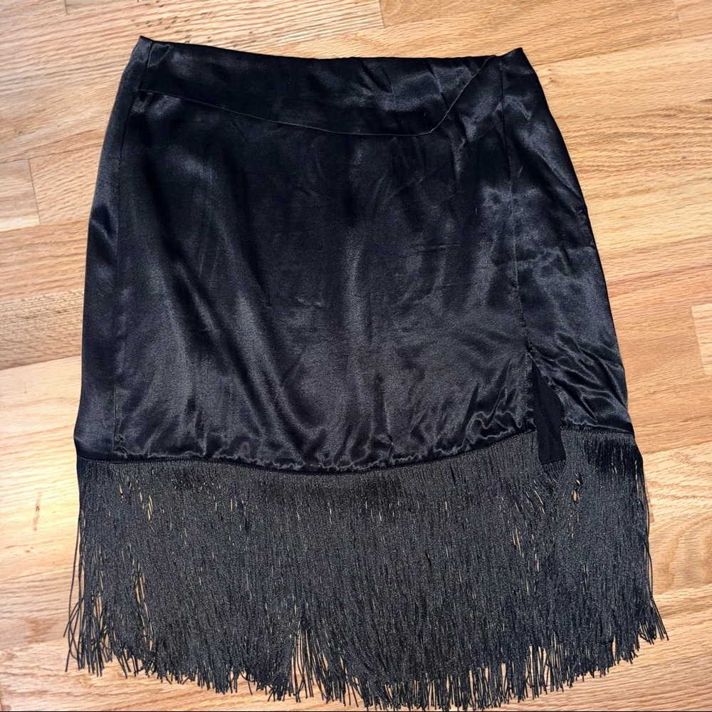 Fringed satin mini skirt